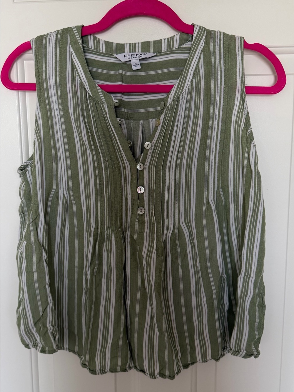 Liverpool Olive & White Striped Sleeveless Button Front Top